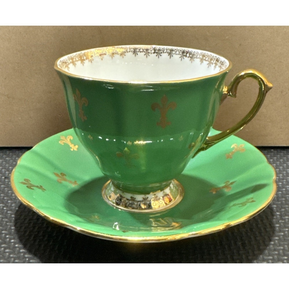 Vintage Clarence Green with Gold Fluer De Lis | Gilded | Footed Cup and Saucer